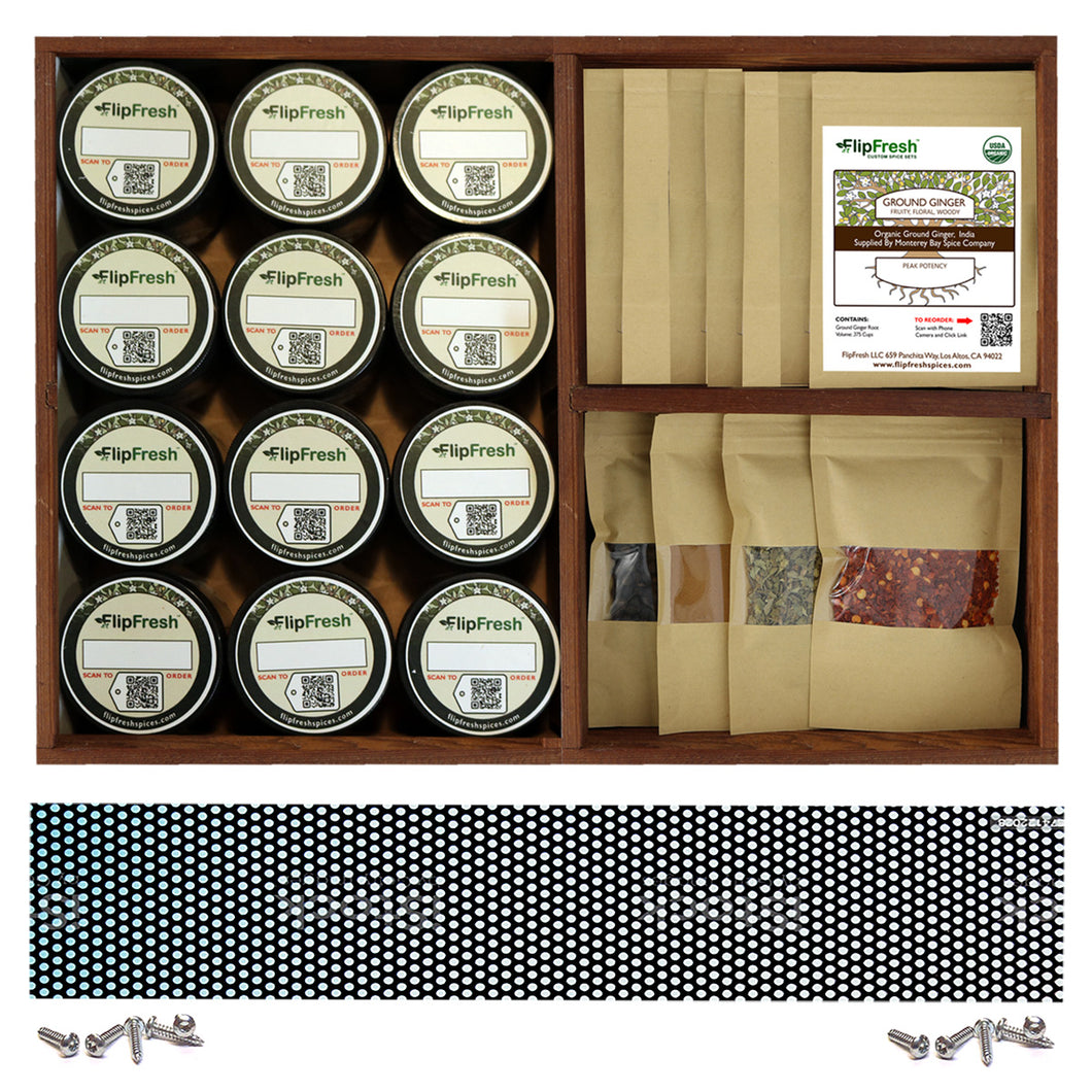 Complete Set of 12 'Core' Spices with Jars with Handmade Redwood Box